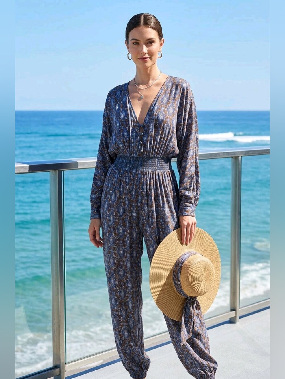 Jogger Style Jumpsuit with Shirred Waist - Open Back